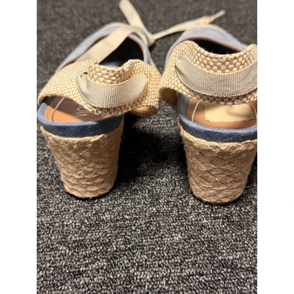 Vionic Maris Light Blue Suede Ankle Tie Espadrille Wedge Sandals Womens 10